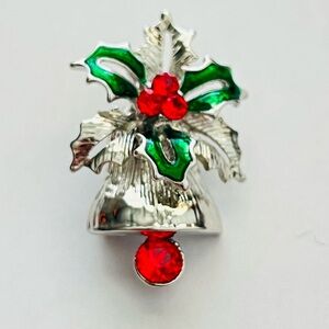 Festive Silver and Green Bell Brooch